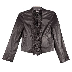 Cache Jacket Womens Small Black Buttery Leather Ruffle Edgy Rocker Punk‎ Vintage